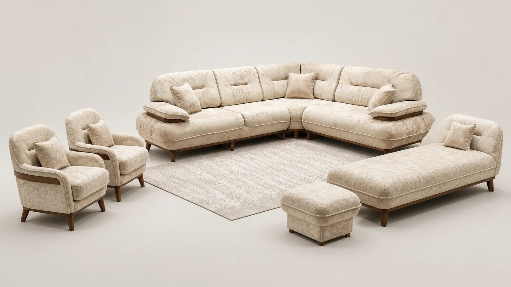 Off-white textured L-shaped sectional sofa with matching square ottoman.