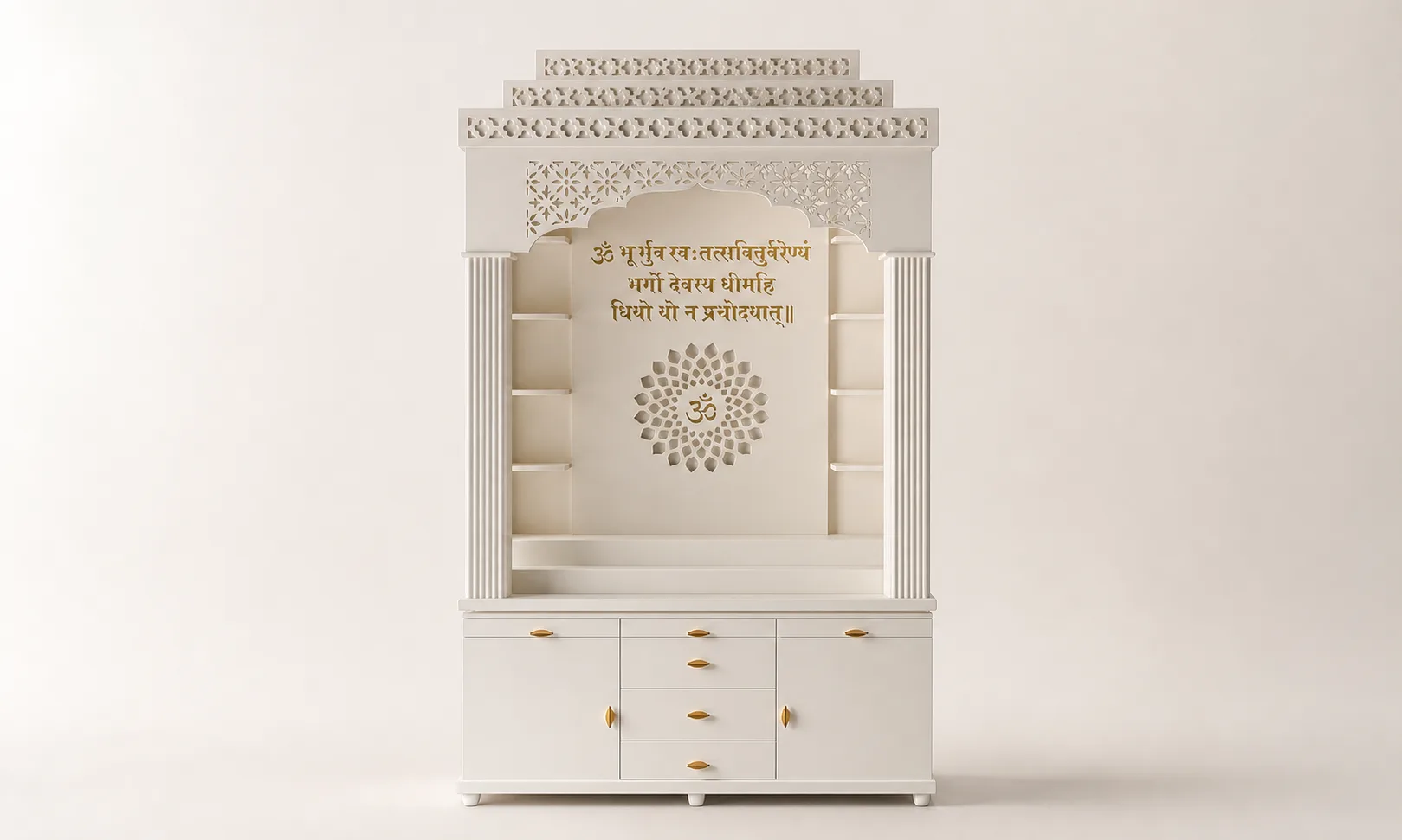 Cream mandir unit with scalloped fretwork crown, Gayatri mantra arch panel and gold Om lotus medallion.