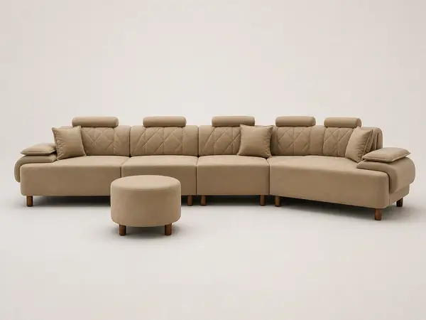 Taupe diamond-stitched channel sofa with pouf, front view
