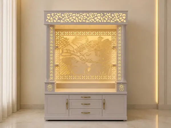 Light grey Radha-Krishna mandir styled in a home pooja corner