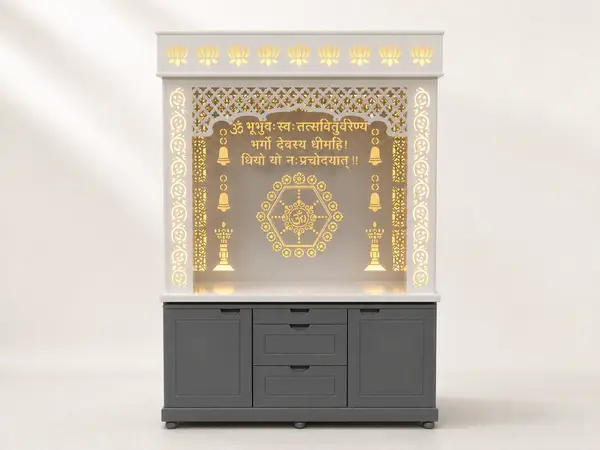 Graphite grey mandir unit with gold lotus cornice, front view
