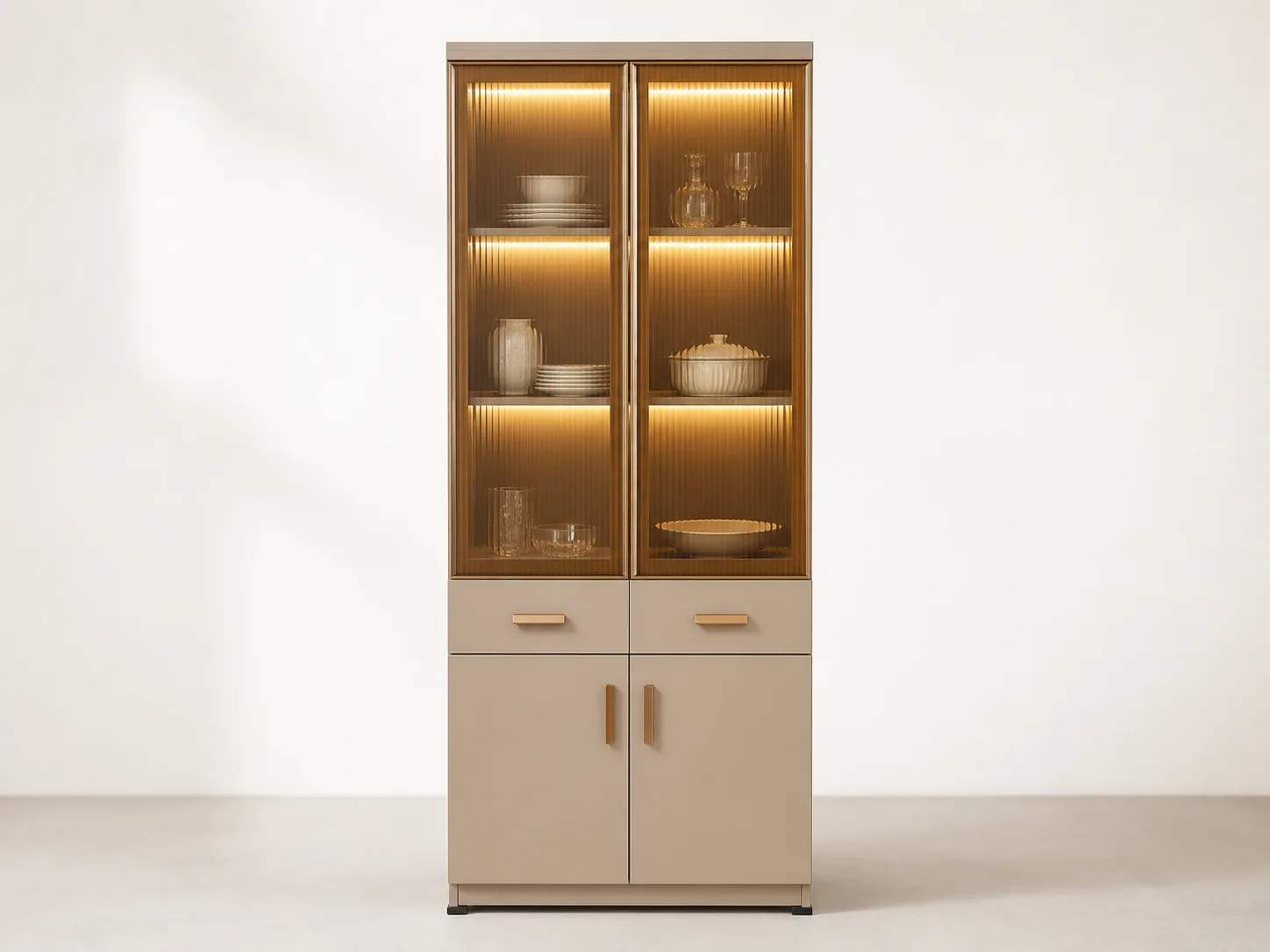 Narrow cream cabinet with LED-lit shelves and gold handles