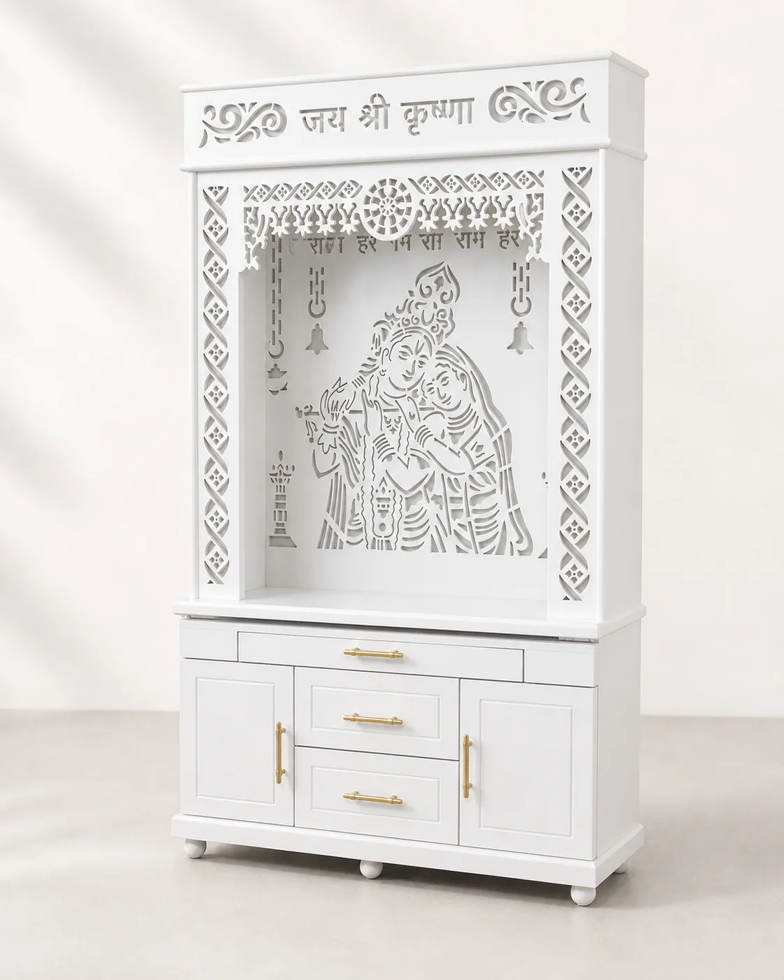 White mandir unit with a carved Jai Shri Krishna crown and Radha-Krishna jaali outline back panel.