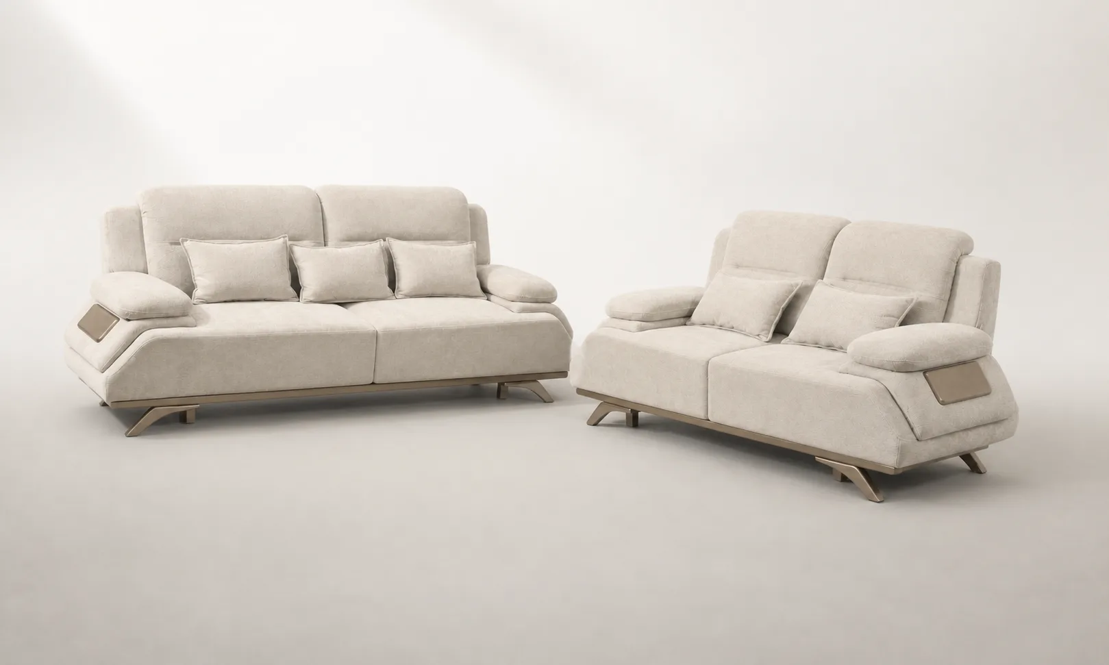 Stone grey sectional sofa pair in a styled living room