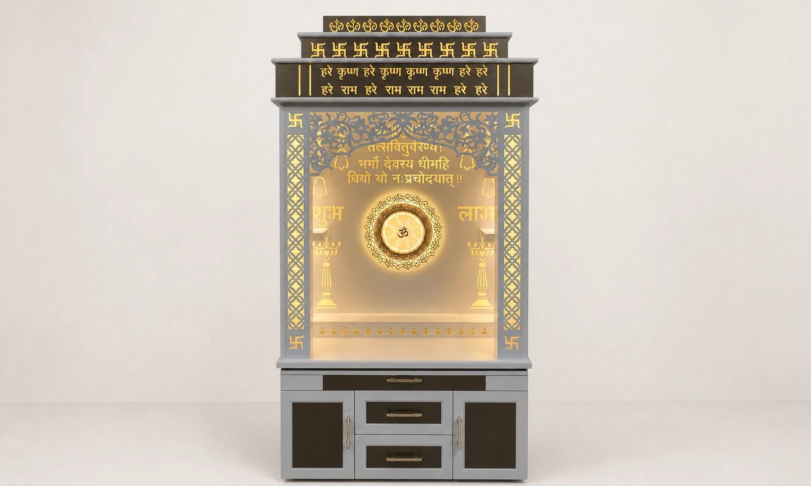 Taupe and grey tiered mandir unit with Hare Krishna mahamantra crown and backlit Om medallion.