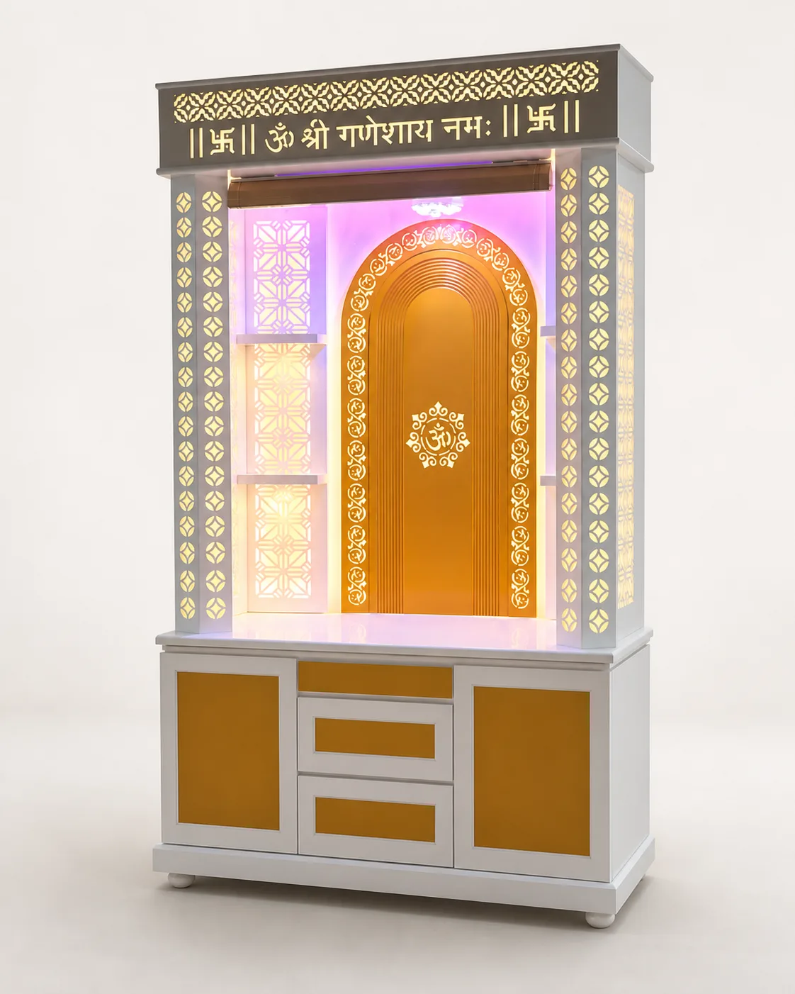 Mandir unit with gold-amber arch niche, purple accent lighting and a carved Om Shri Ganeshaya Namah header.
