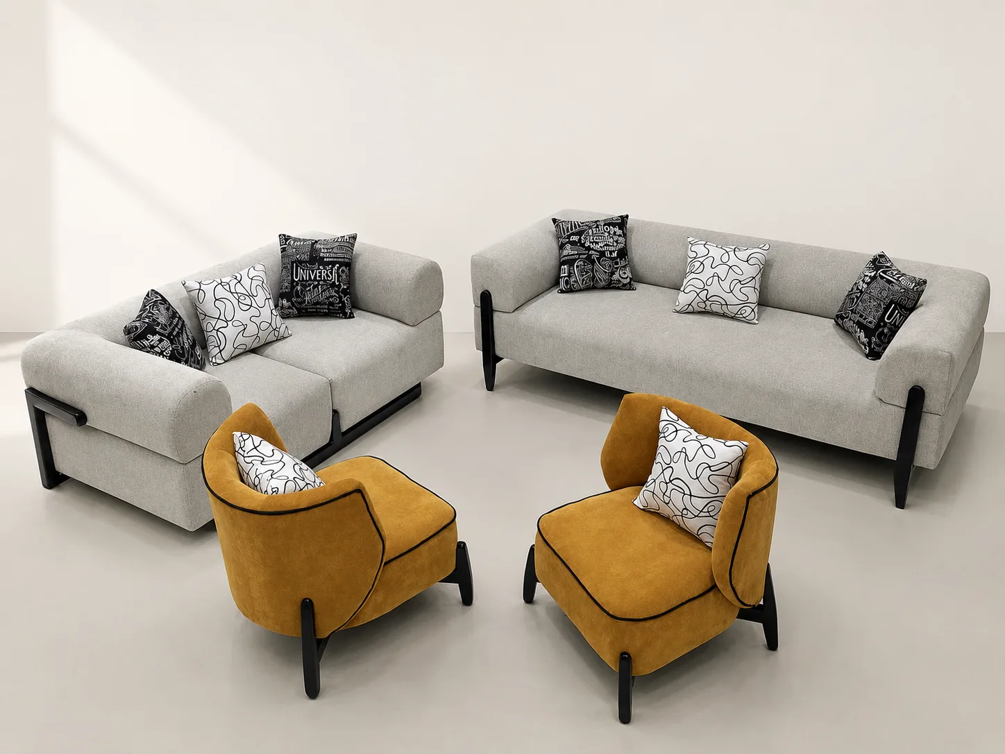 Grey woven sofa set with mustard chairs