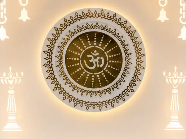 Close-up of the round Om mandala medallion and kalash motif