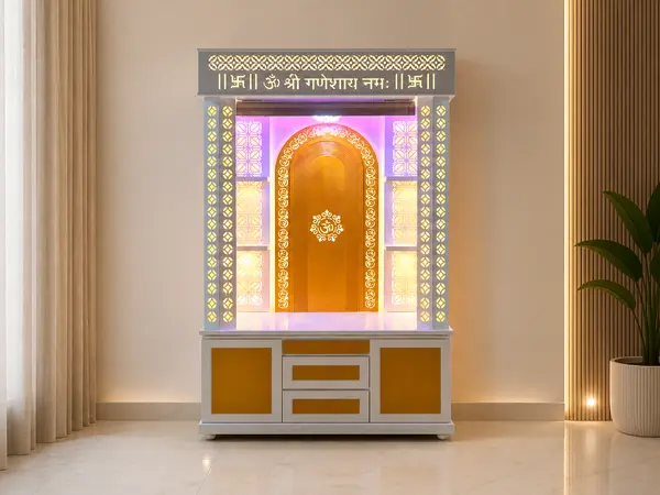 Amber arch niche mandir styled in a home pooja corner