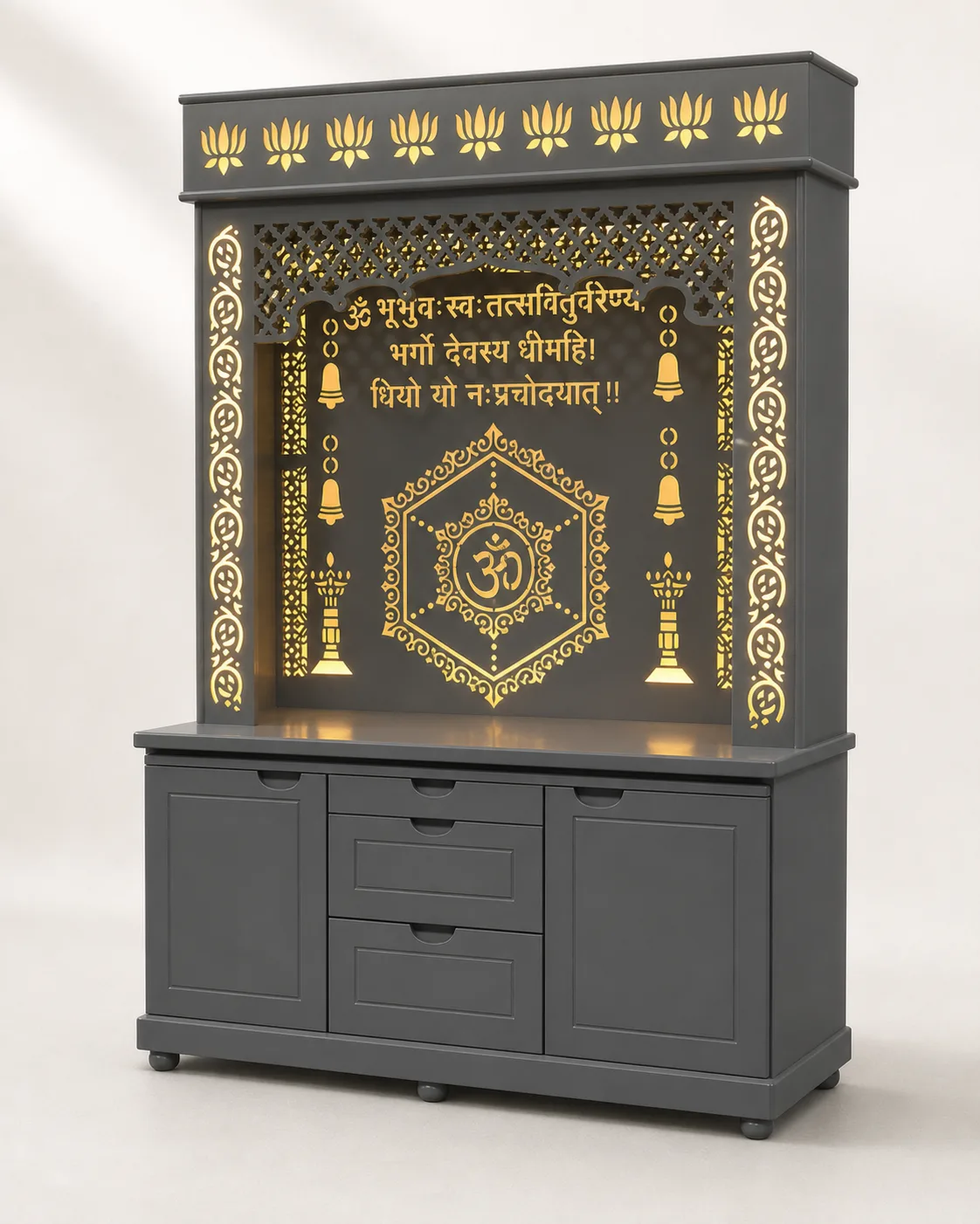 Graphite grey mandir unit with gold lotus cornice, Gayatri mantra and hexagonal Om medallion.