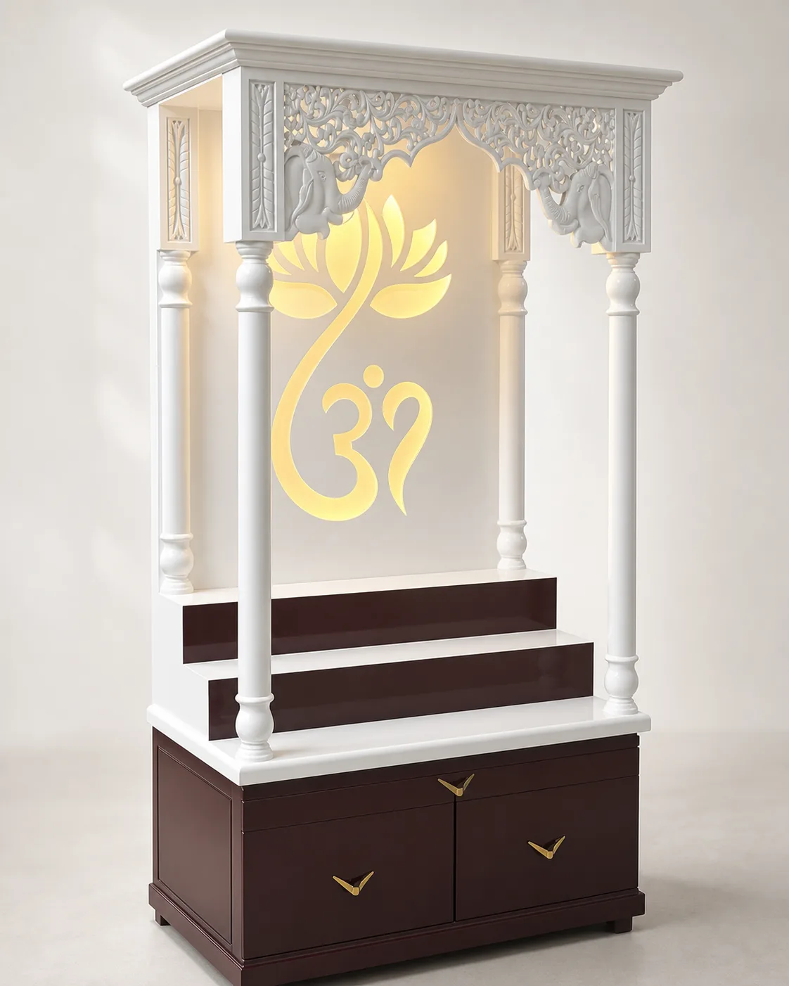 Open canopy mandir unit with carved pillars, large gold Om motif and a tiered walnut platform base.
