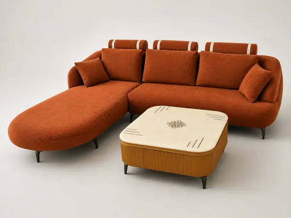 Rust corduroy sofa with marble coffee table, three-quarter angle