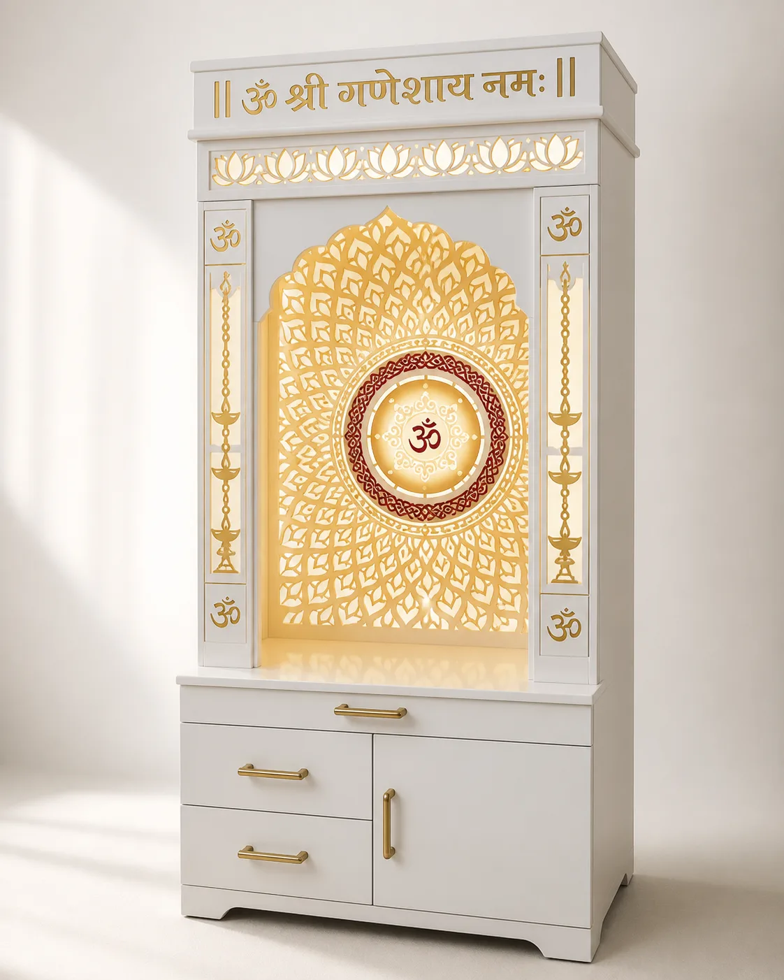 White mandir unit with a large gold lotus mandala and Om Shri Ganeshaya Namah header.