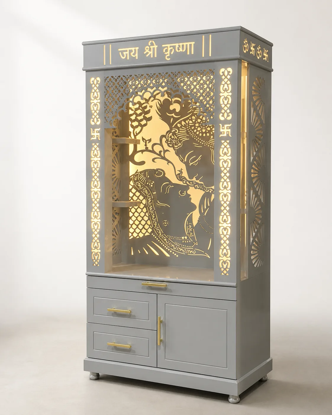 Grey and white mandir unit with a Jai Shri Krishna crown and backlit Krishna jaali panel.