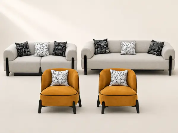 Grey woven sofa set with mustard accent chairs
