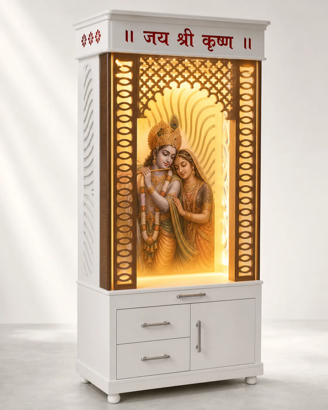 White mandir unit with a Radha-Krishna portrait, gold jaali borders and a Jai Shri Krishna header.