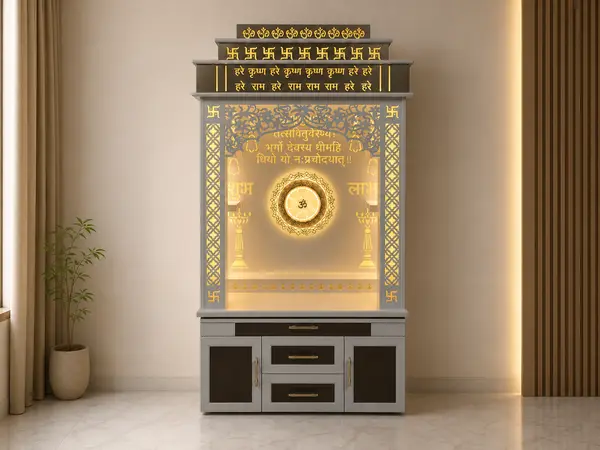 Taupe and grey tiered mandir styled in a home pooja corner