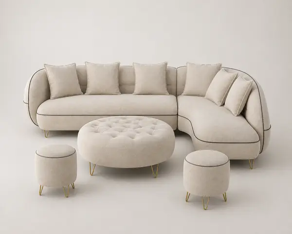 Off-white sectional with curved swivel chair and ottoman, front view
