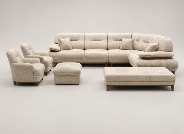Off-white textured L-sectional with square ottoman, front view