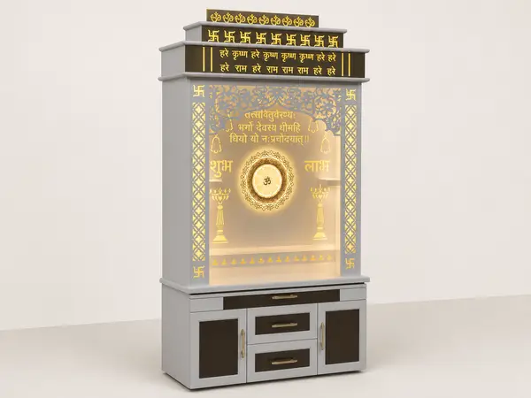 Taupe and grey tiered mandir unit, three-quarter angle