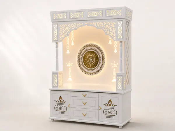Round mandala mandir unit, three-quarter angle