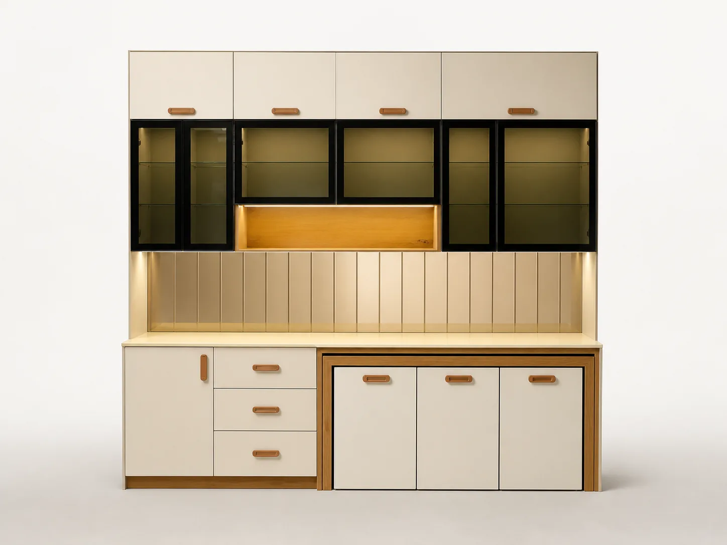 Cream lacquer cabinet with black-framed glass doors and leather handles