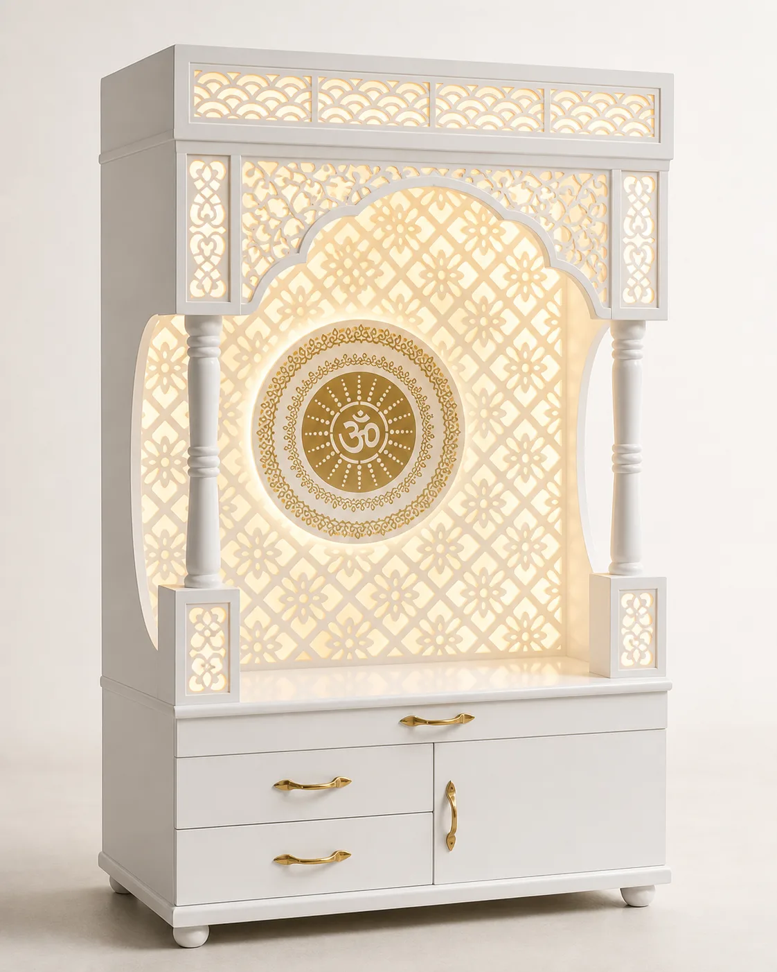 White mandir unit with arched jaali back panel and round gold Om medallion.