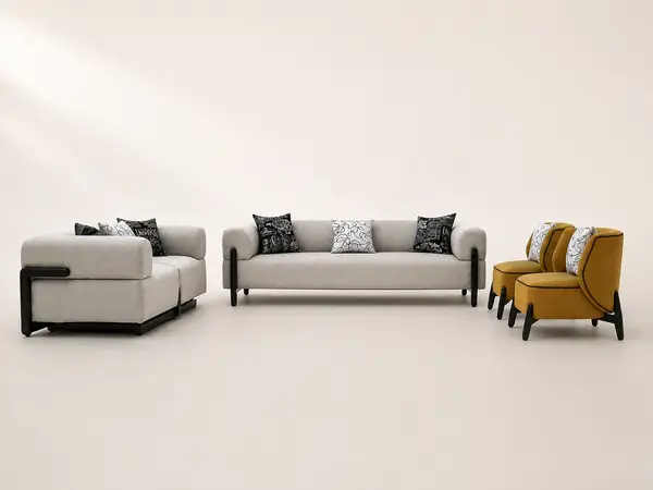 Grey woven sofa set with mustard accent chairs
