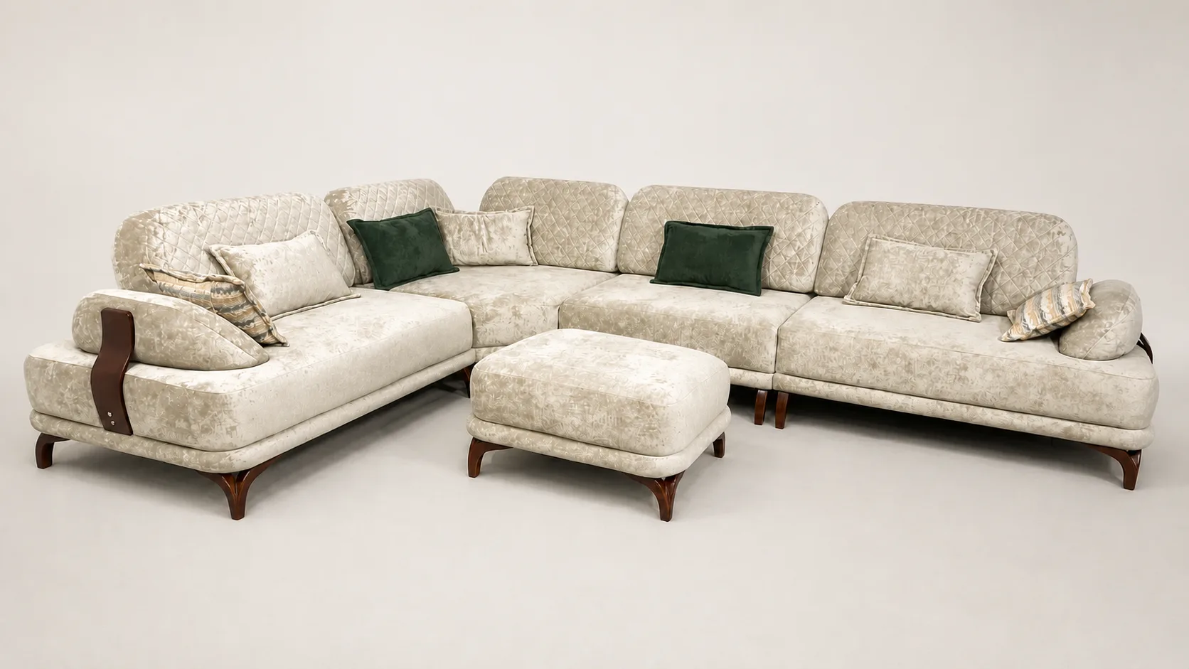 Cream crushed velvet L-shaped sofa with diamond-quilted channel back.