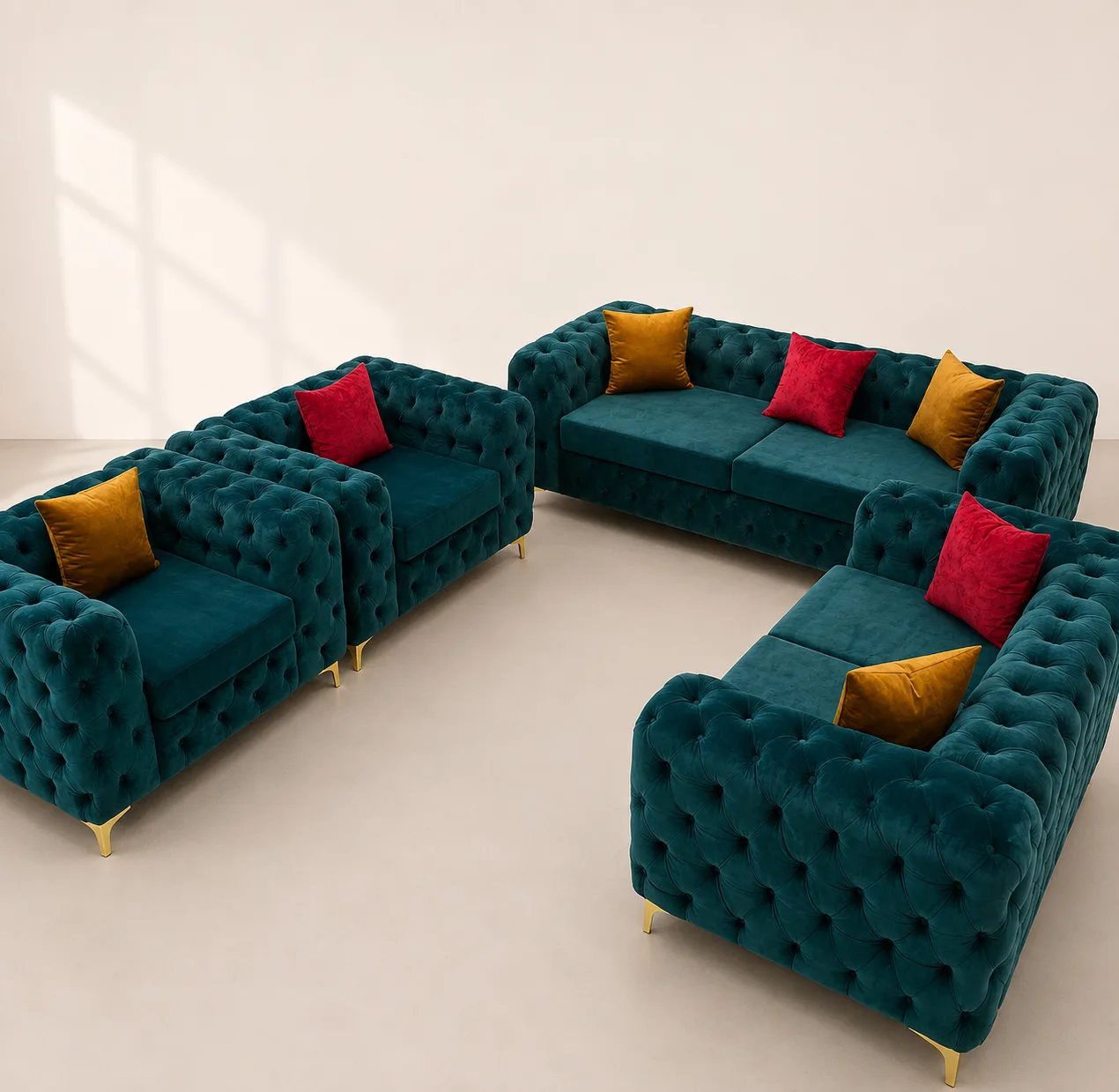 Deep Teal Velvet Chesterfield Set at Modi Interiors Jagatpura Jaipur