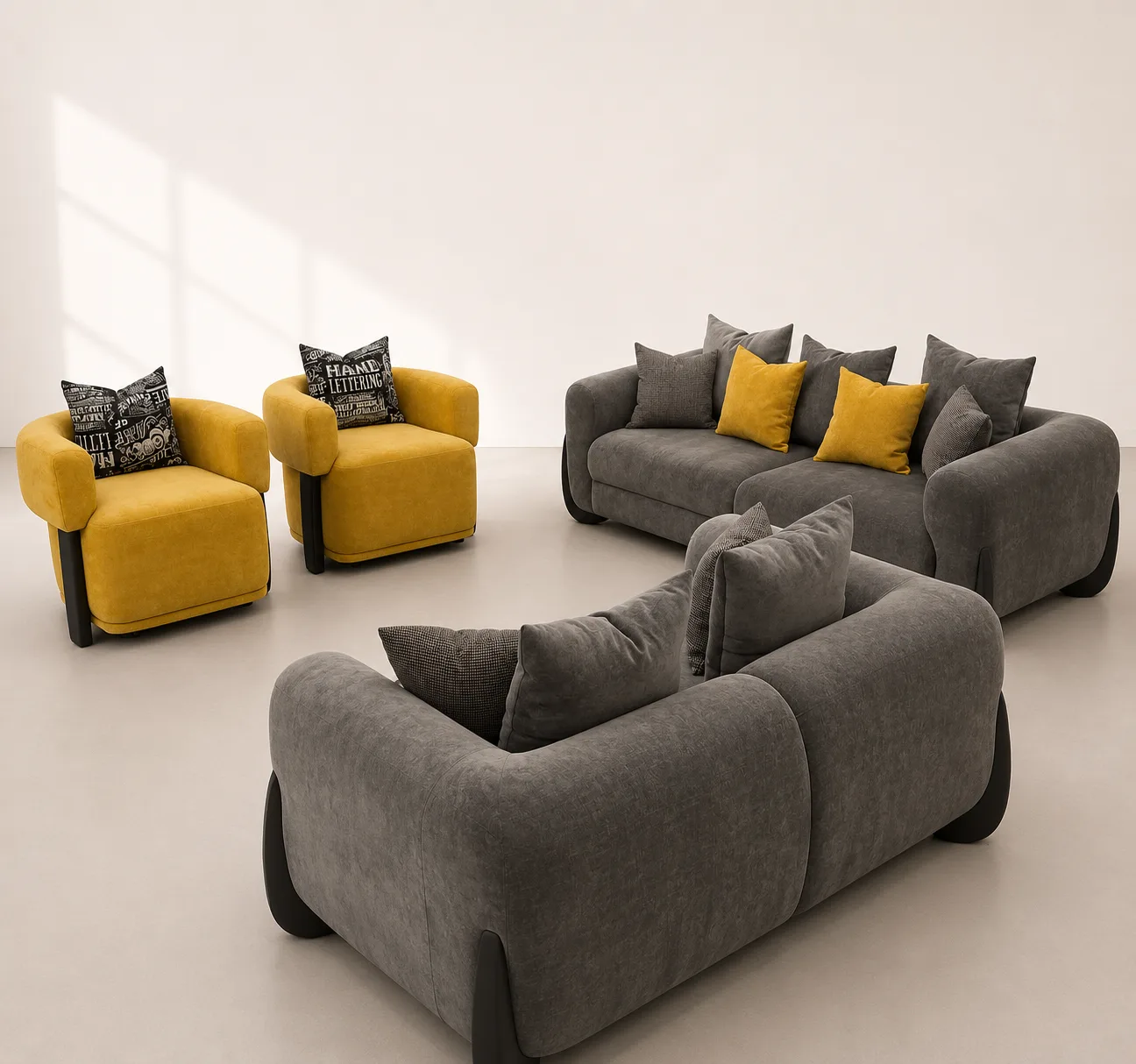 Charcoal Sofa Mustard Chairs at Modi Interiors Jagatpura Jaipur