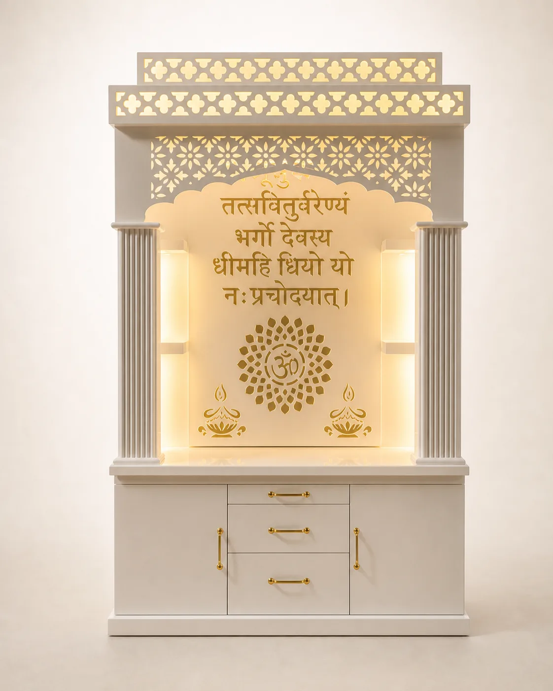 Cream mandir unit with warm backlit Gayatri mantra arch, gold Om lotus medallion and fluted pillars.