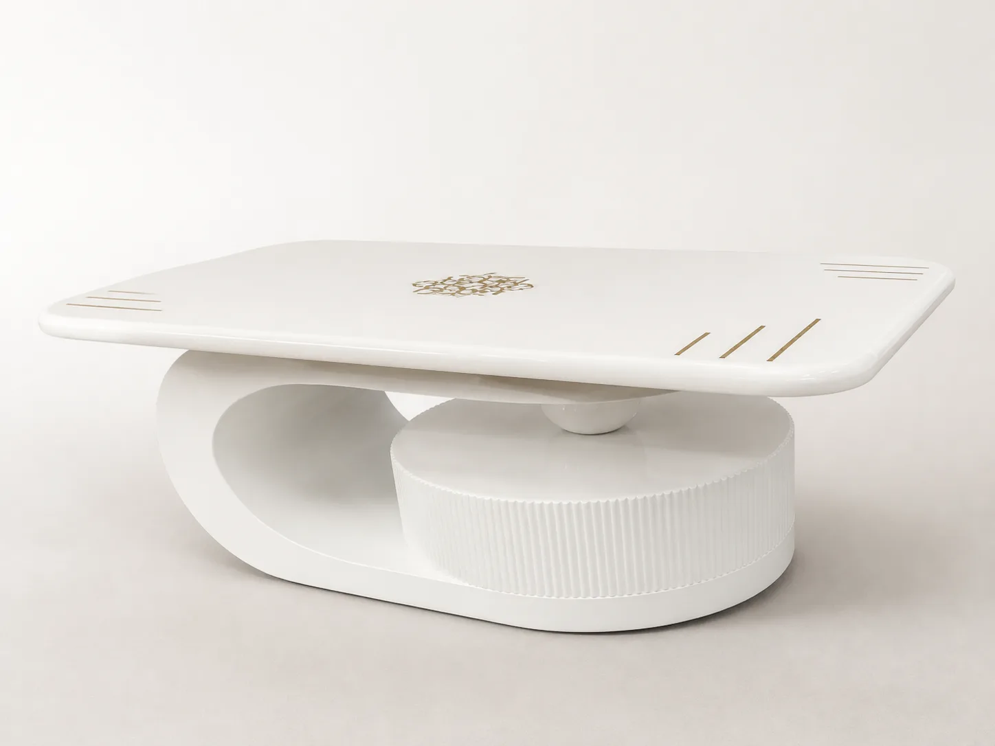 Sculptural oval pedestal center table with glossy white top.