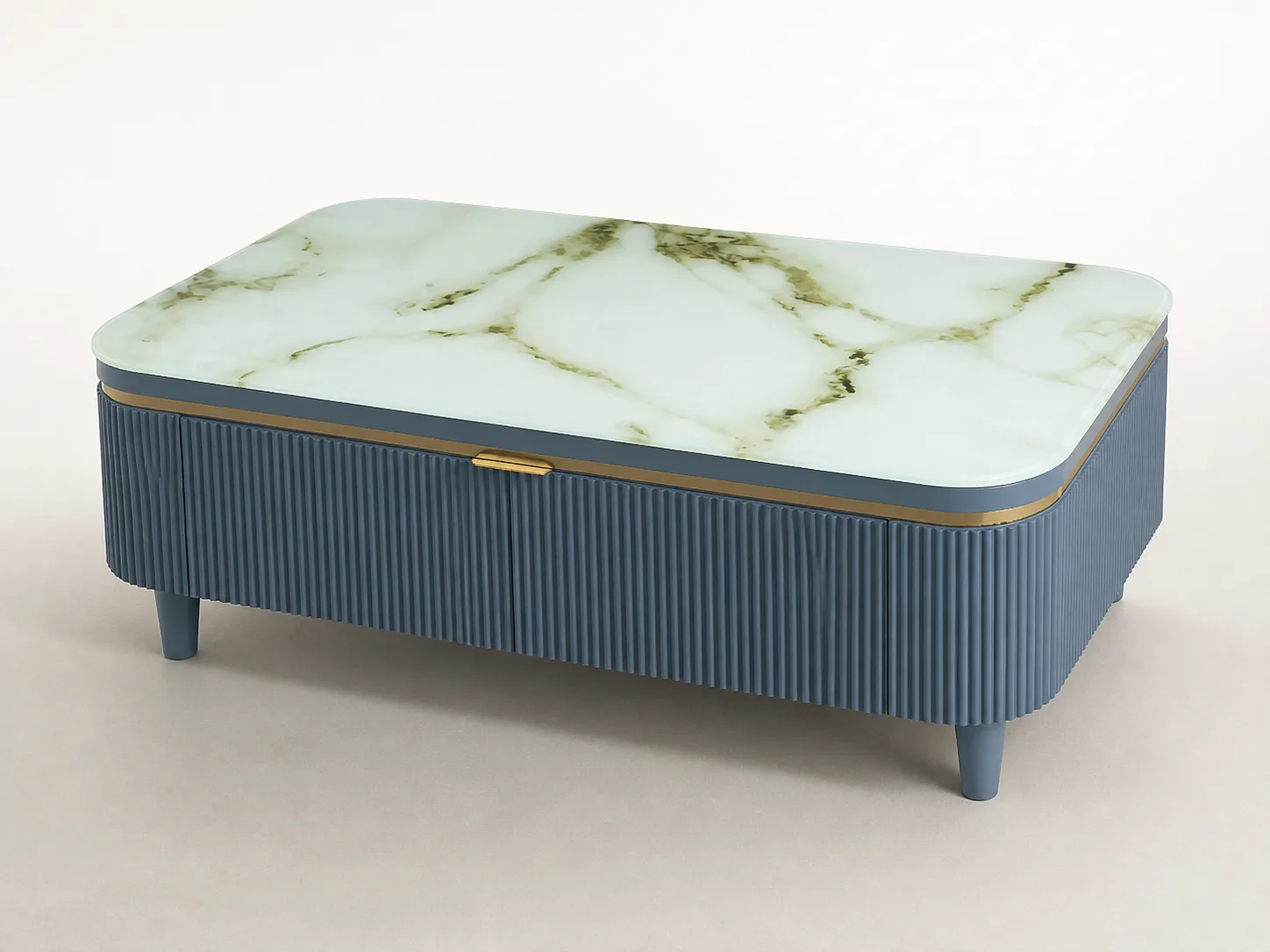 Teal-grey center table with marble-effect top and gold accent