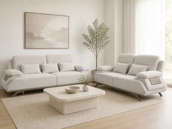 Stone grey sectional sofa pair – styled in a living room setting