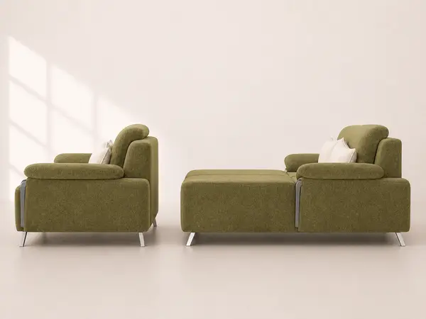 Olive green textured sofa pair – side profile view
