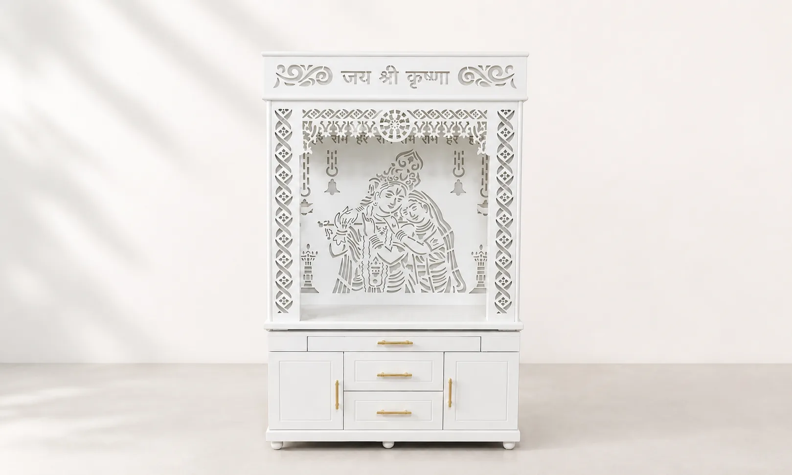 White mandir unit with a carved Jai Shri Krishna crown and Radha-Krishna jaali outline back panel.