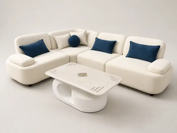 Cream boucle sofa with marble pedestal table, three-quarter angle
