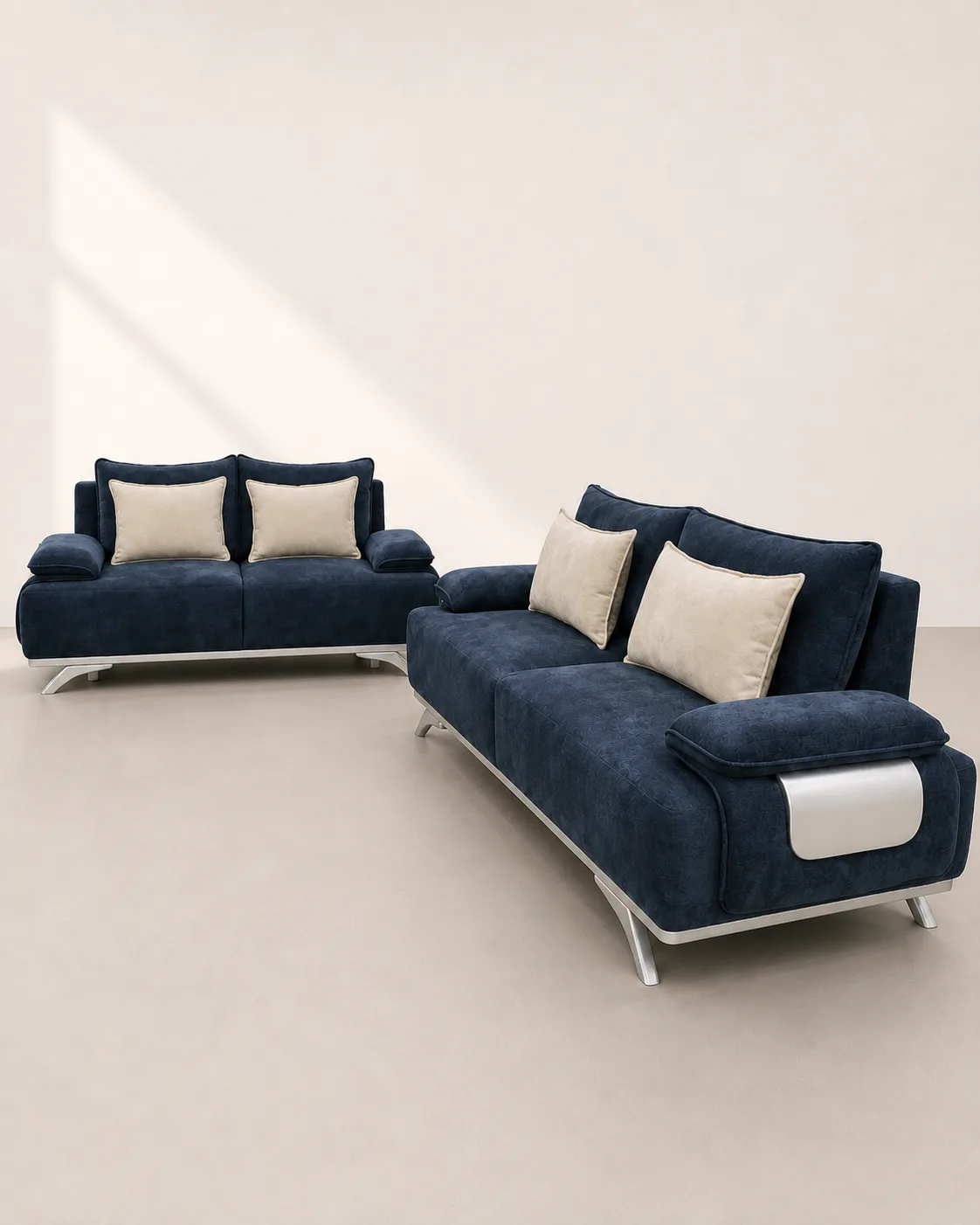 Navy denim 3+2 sofa set in a styled living room