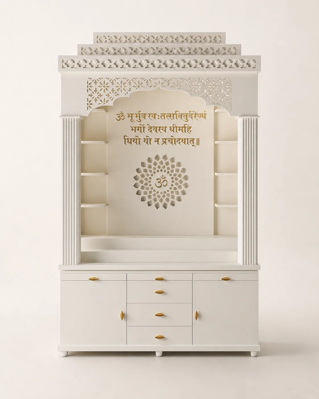 Cream mandir unit with scalloped fretwork crown, Gayatri mantra arch panel and gold Om lotus medallion.