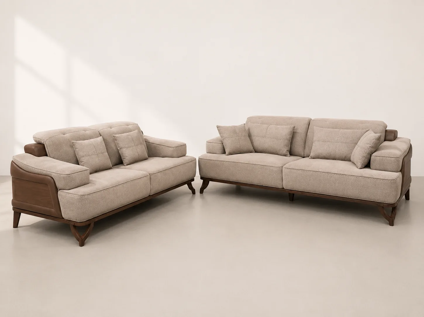 Taupe Sofa Pair Wood Leather Panel at Modi Interiors Jagatpura Jaipur