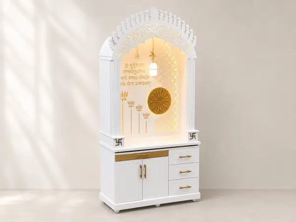 White arched jharokha mandir unit, three-quarter angle