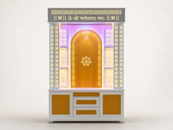 Amber arch niche mandir unit with purple accent lighting, front view