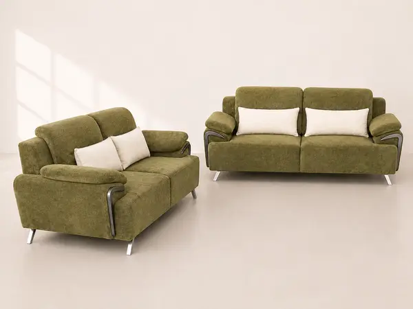 Olive green textured sofa pair – three-quarter angle view