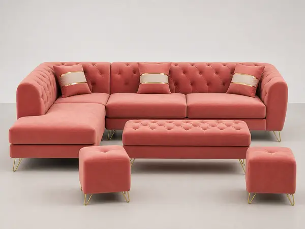 Coral pink diamond-tufted L-sofa set, front view