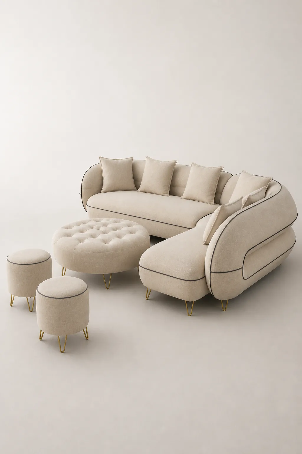 Off-white modular sofa set with curved chair, round ottoman, and gold legs.