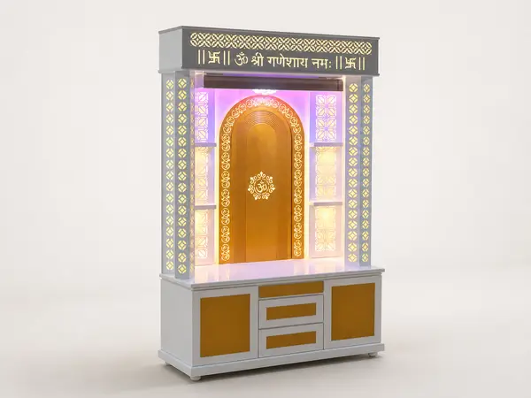 Amber arch niche mandir unit, three-quarter angle
