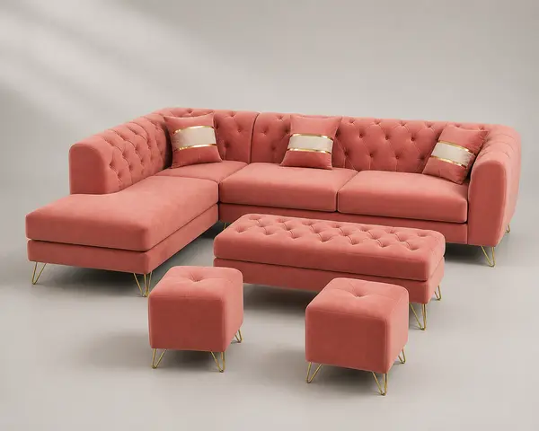 Coral pink diamond-tufted L-sofa set, three-quarter angle