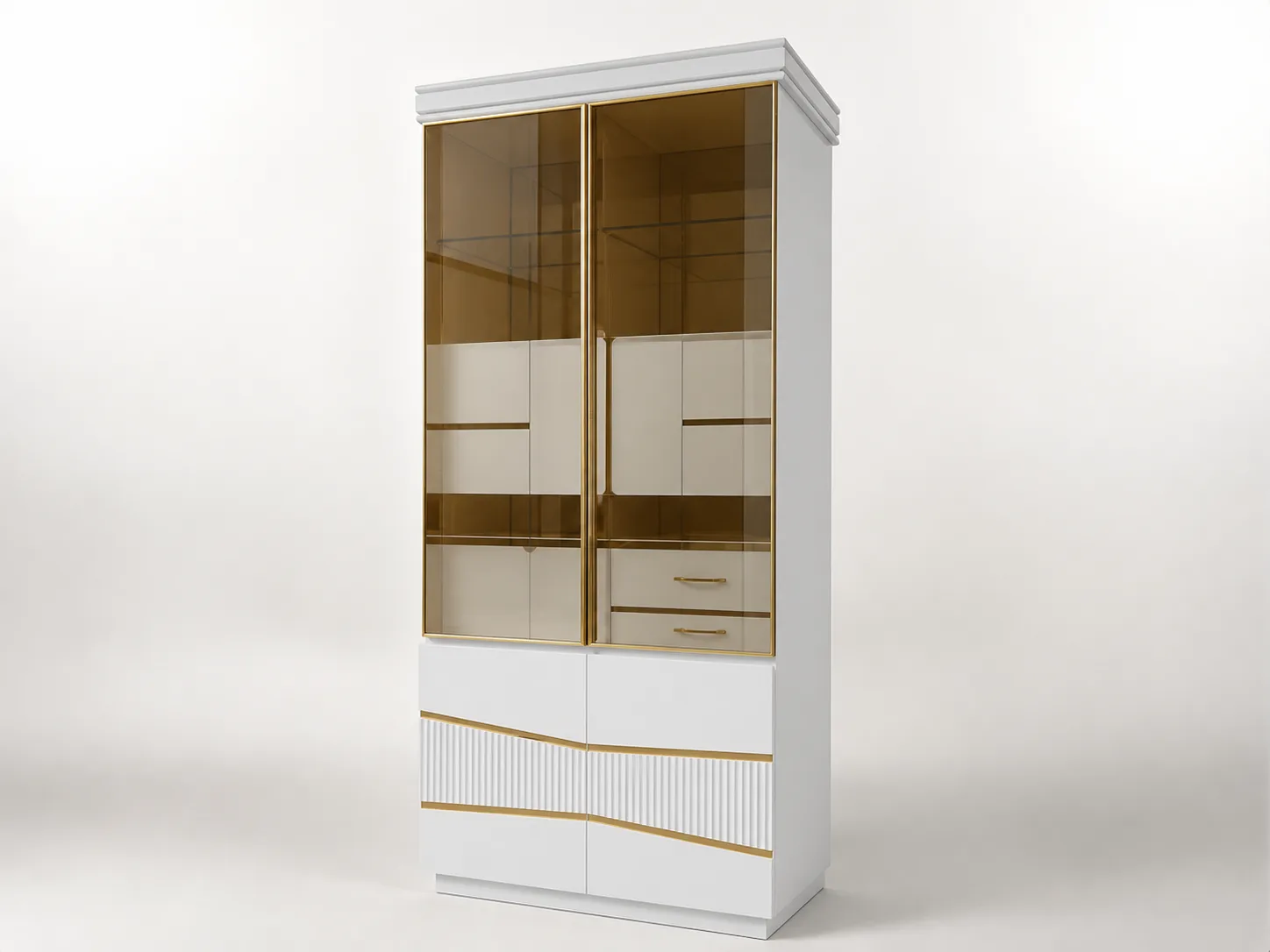 White lacquer cabinet with crown moulding and diagonal gold band