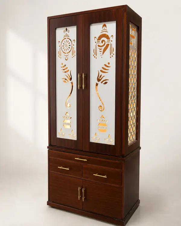 Walnut Cabinet Mandir with Gold Ganesh Doors — image 1